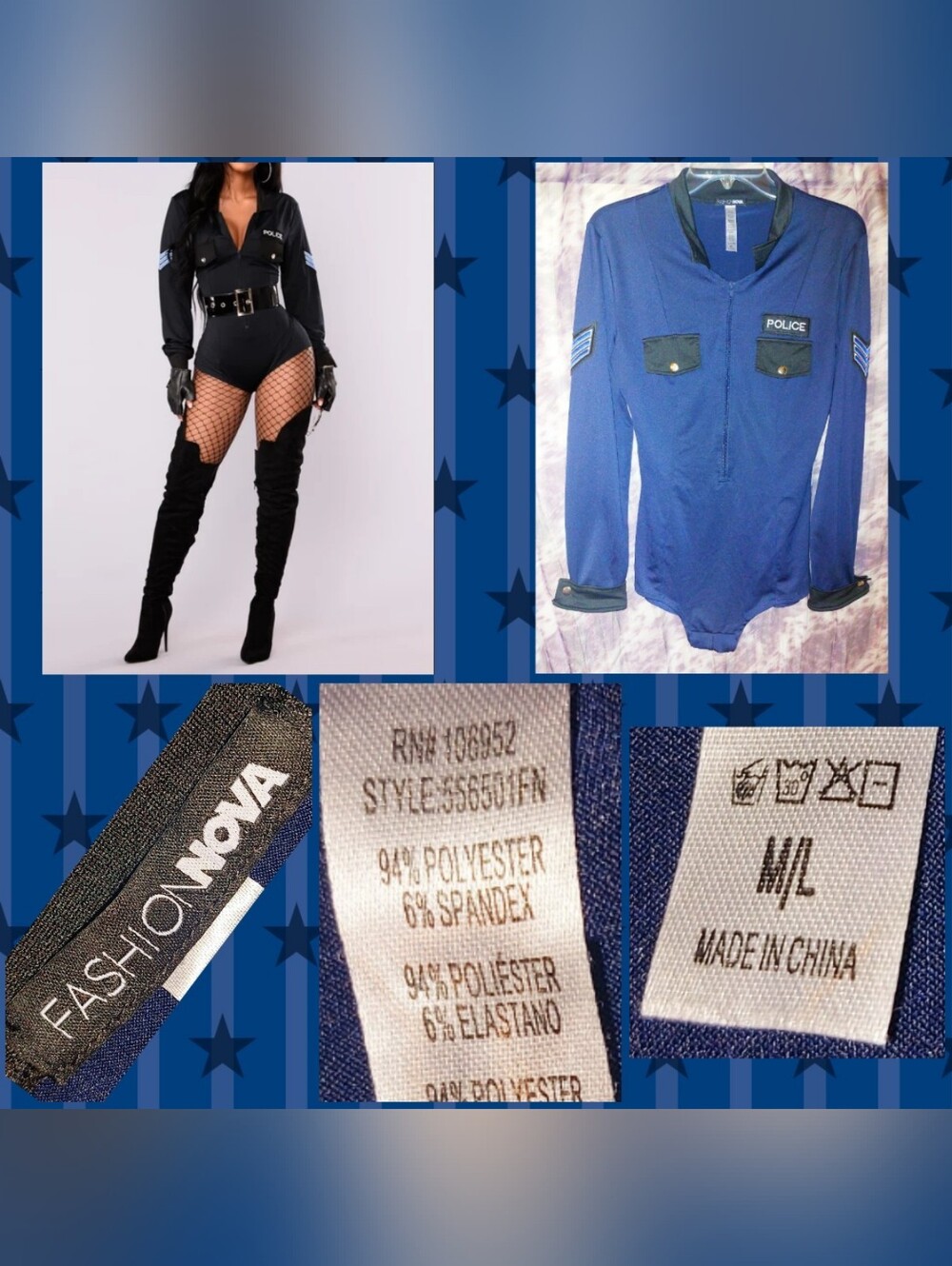 Fashion Nova Navy Blue & Black Cop/Bad Cop Sexy Cosplay Costume Romper Sz M/L